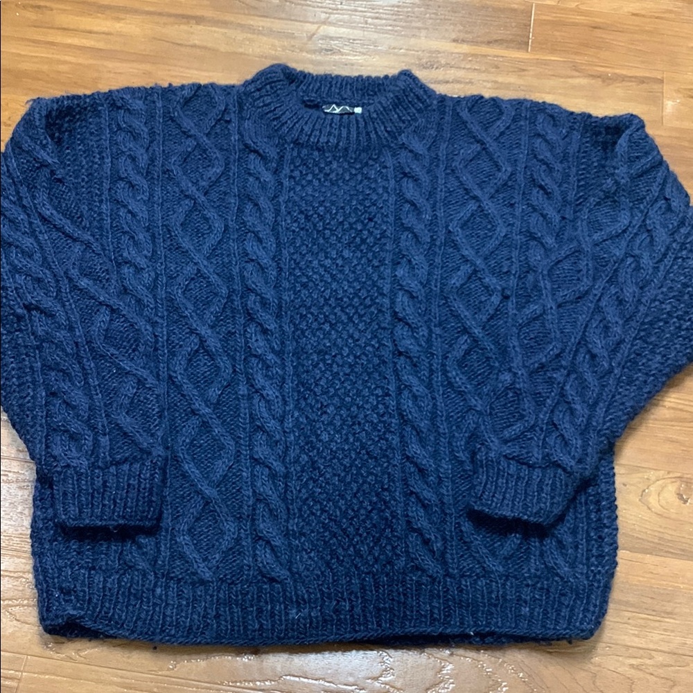 Ganesh Himal Navy Cable Hand Knit Crewneck Sweater
